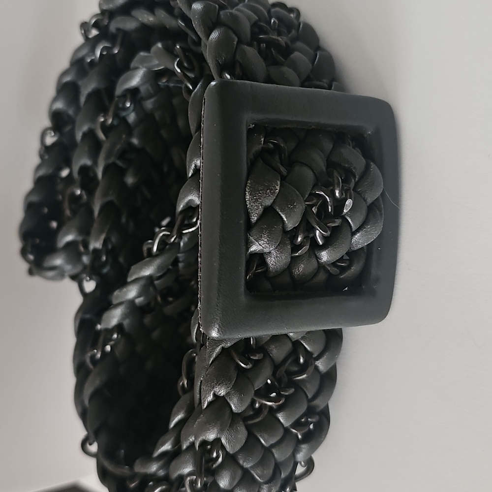 Black Woven Leather Belt Chunky Chain Accent Size L Boho Edgy Statement